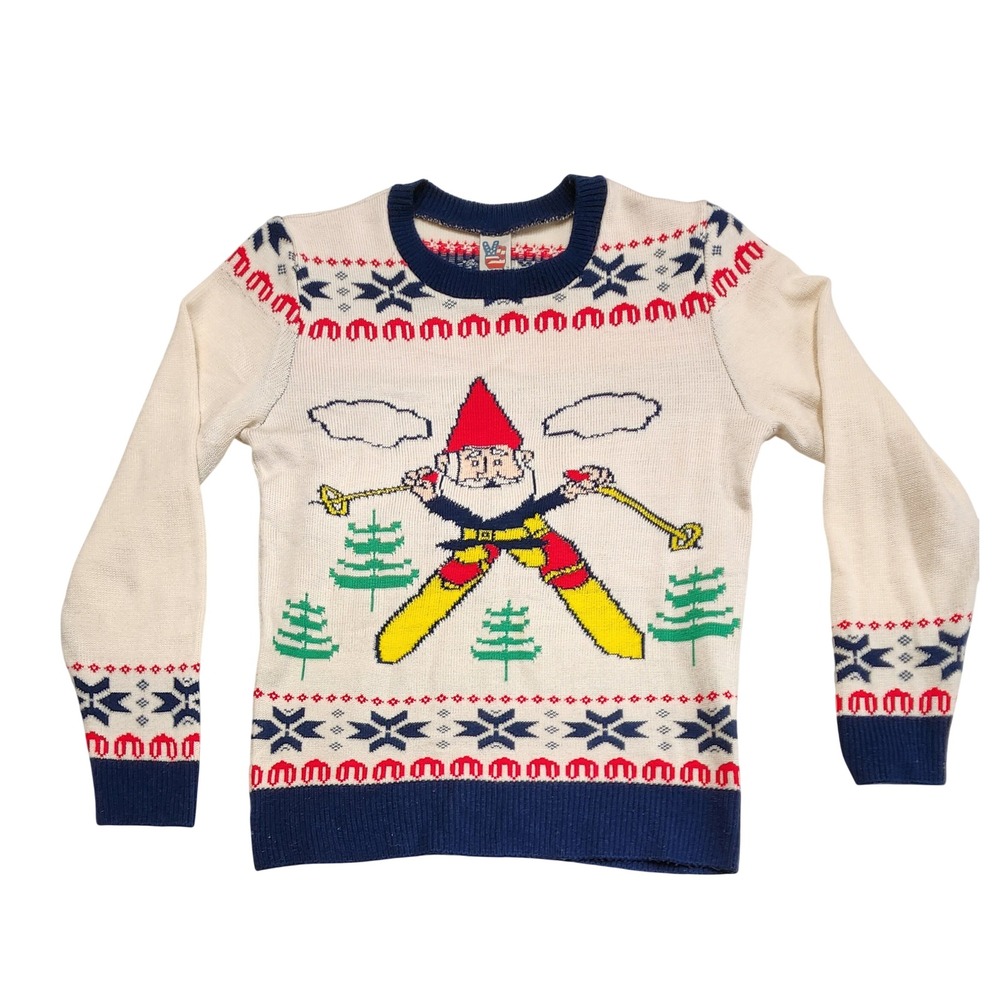 Junk Food Skiing Gnome Ugly Christmas Sweater Fair Isle Cream Mens Large